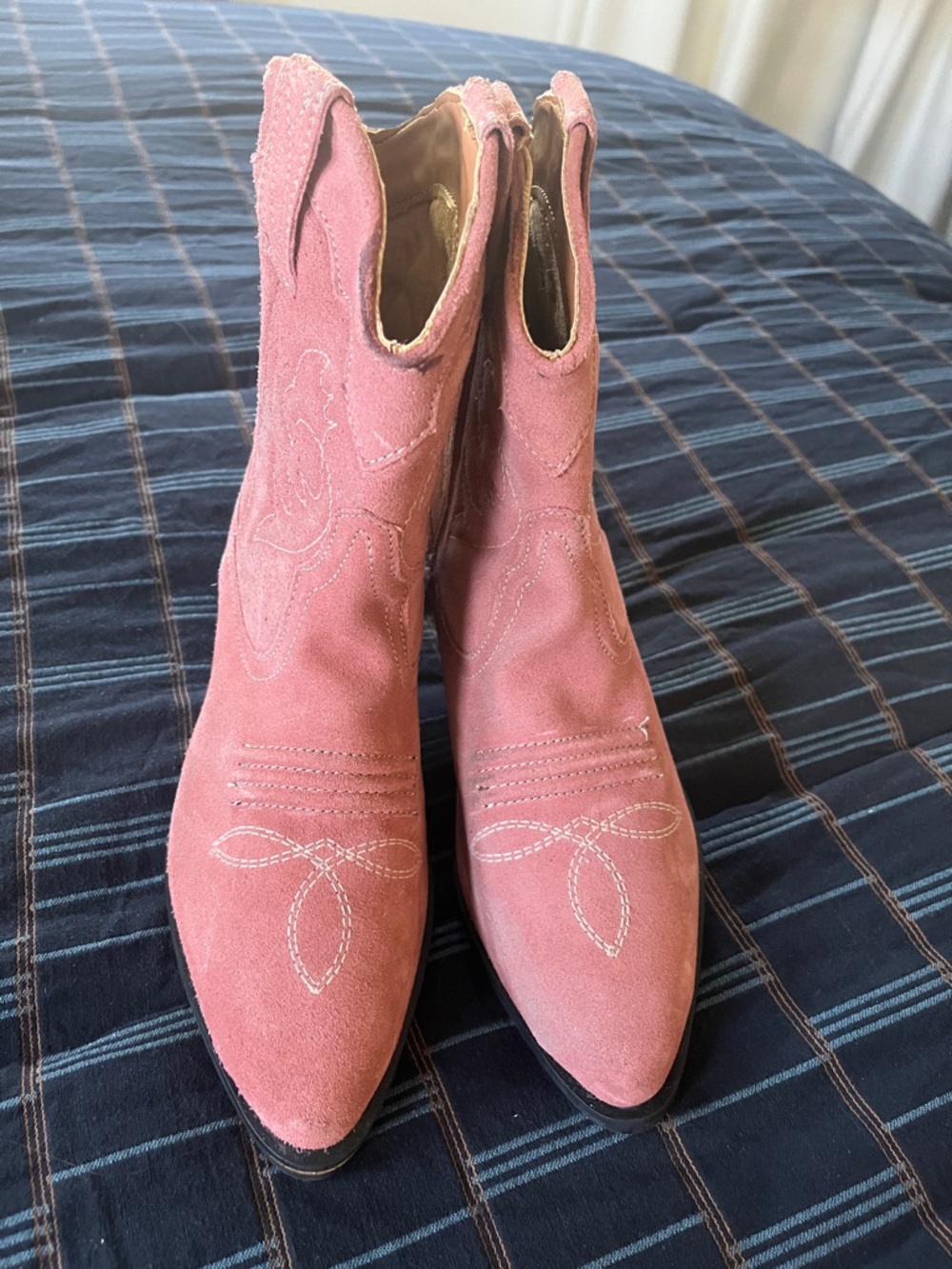 Pink Suede Western Ankle Boots - Women's Cowboy Style